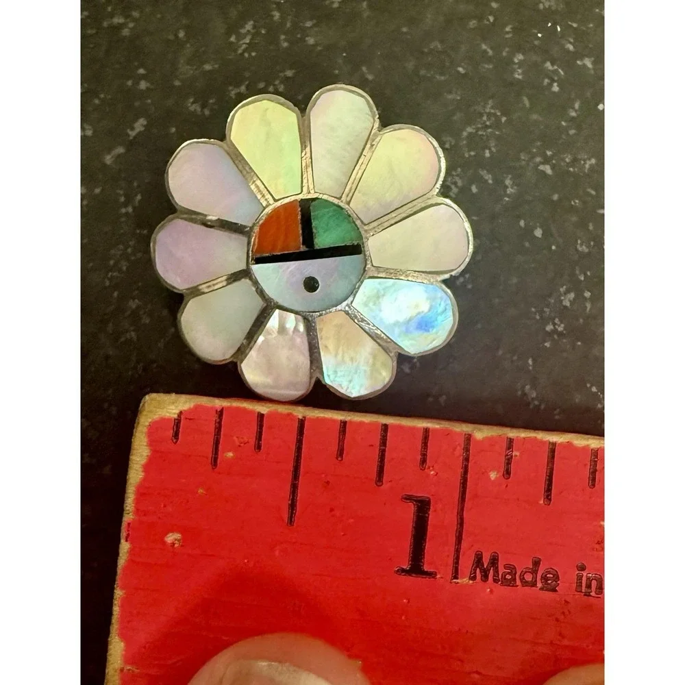 Vintage Zuni Pendant Brooch Sun Face Sterling Silver w/ Inlay Gemstones 1